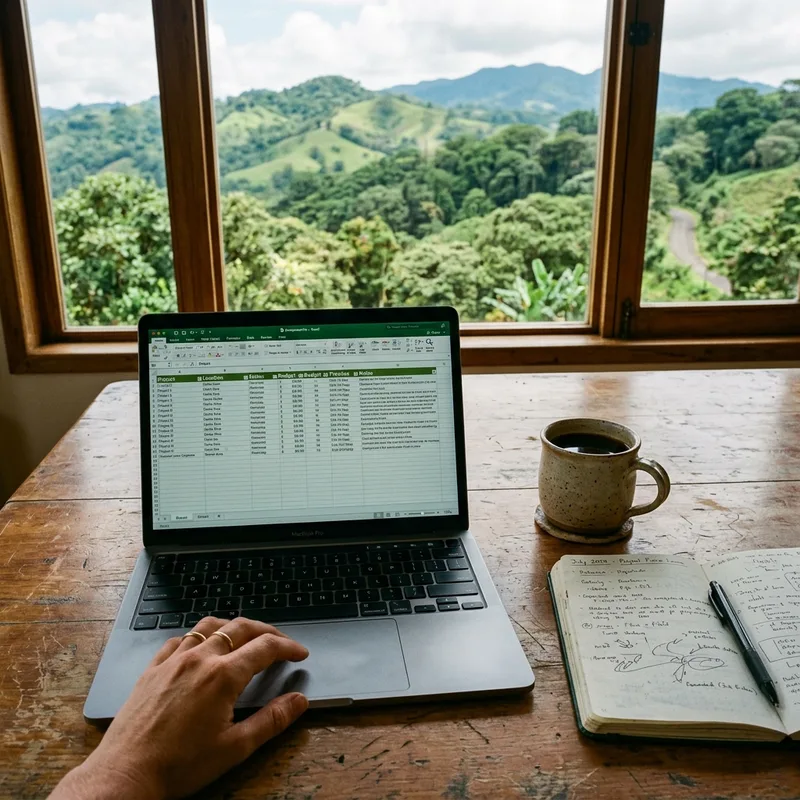 Laptop showing a plan comparison spreadsheet on a table with a coffee and a notebook