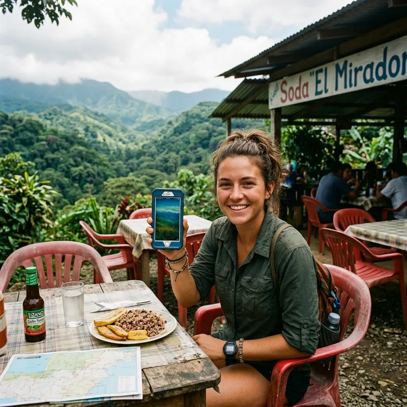 Traveler holding a phone showing full signal bars at a roadside soda in the Costa Rican highlands