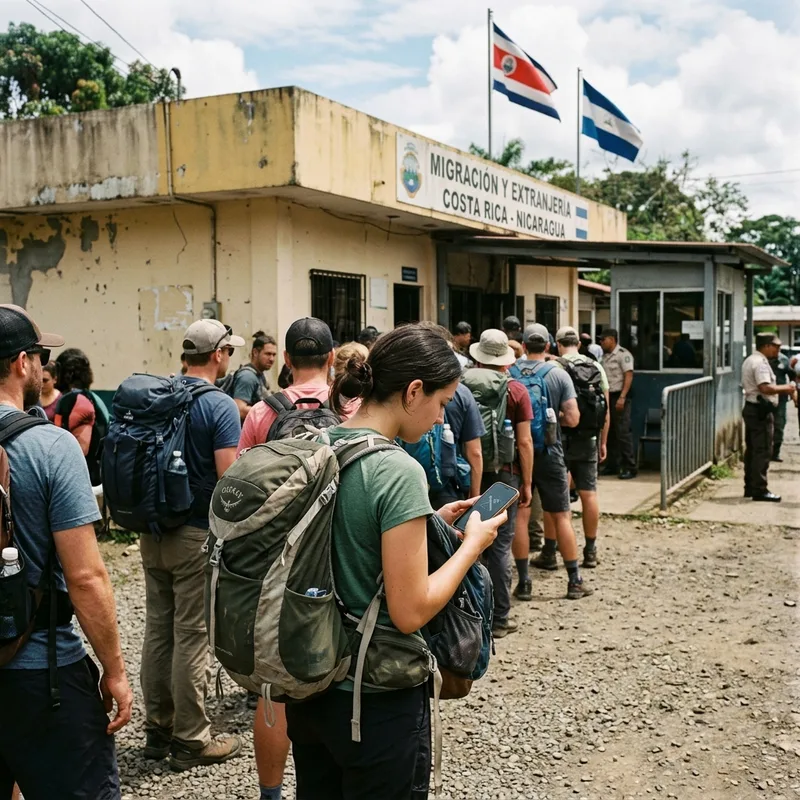 Border crossing queue with backpacks and a phone showing no service
