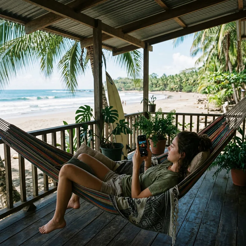Traveler streaming video on a phone in a hammock on a Costa Rican beach porch