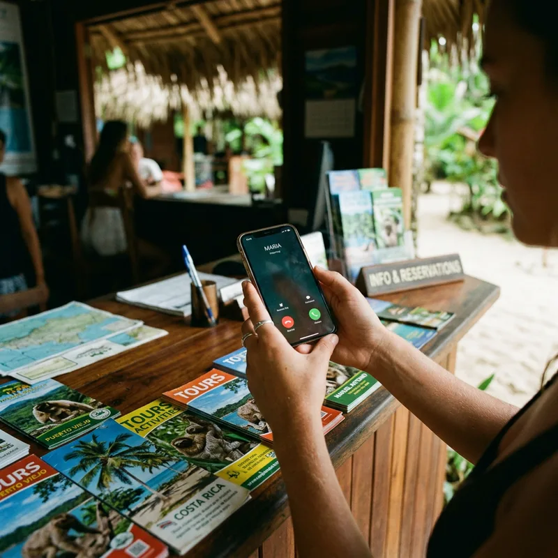 Phone screen showing an incoming call from a Costa Rican number held up in front of a tour desk
