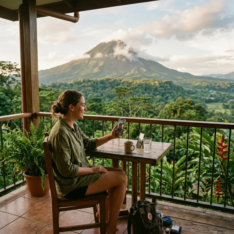 Traveler on a video call from a hotel balcony overlooking the Arenal volcano