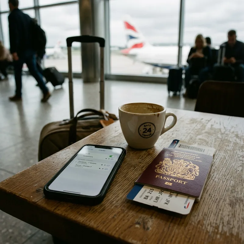 Phone settings screen showing two active cellular lines held over a departure lounge table