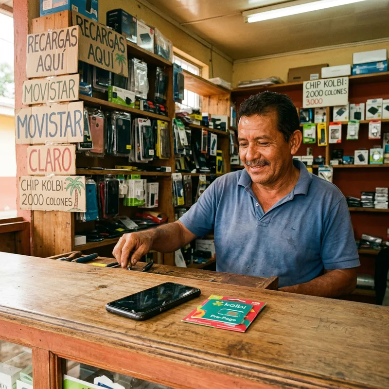 Shop counter in a Costa Rican town with a phone and a prepaid SIM card packet on it