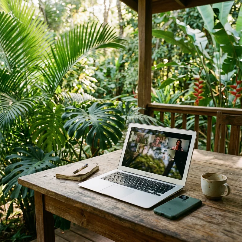 Laptop and phone on a wooden table on a jungle porch during a video call